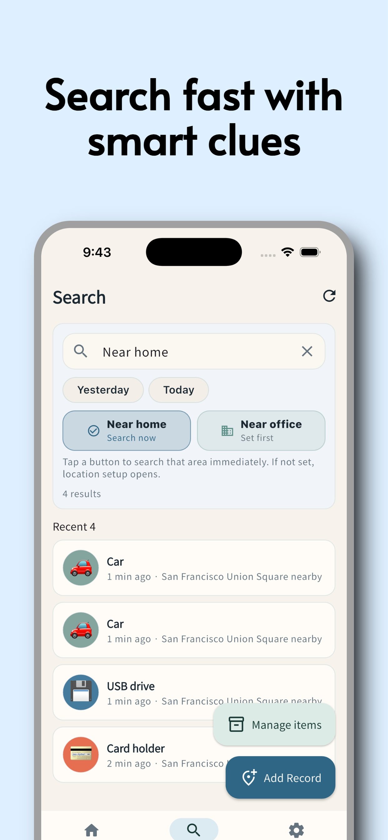 Search screen using smart clue filters