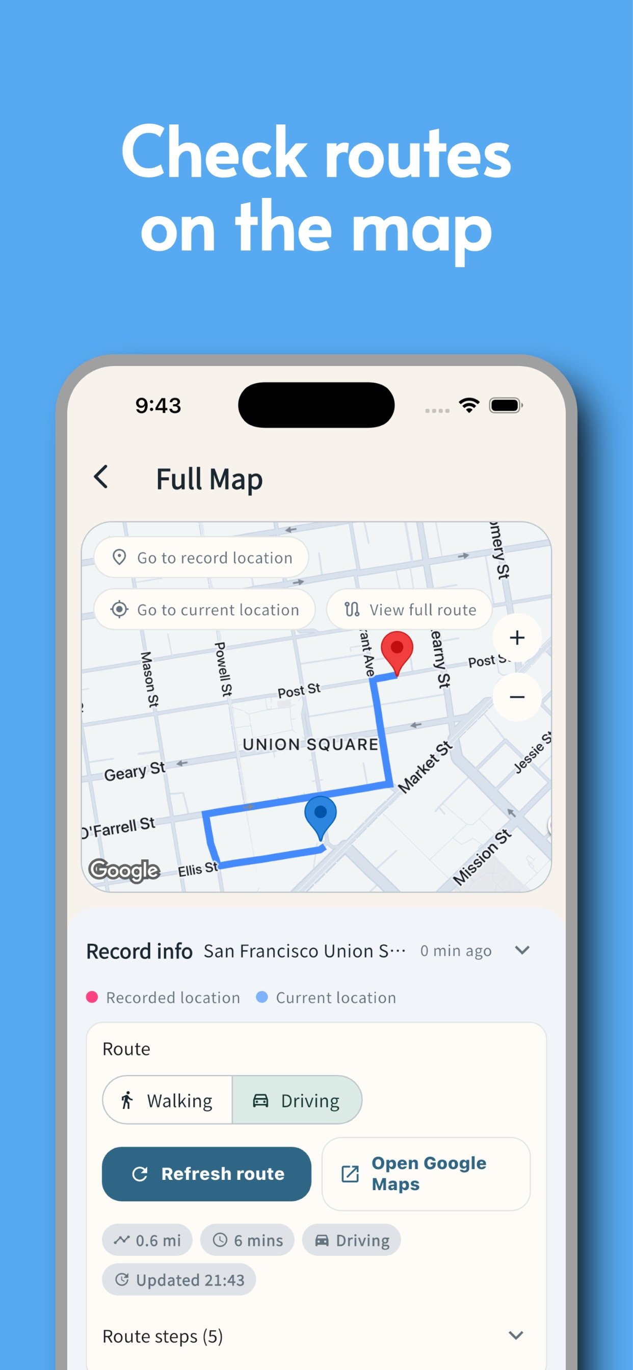 Map screen with route guidance from current location